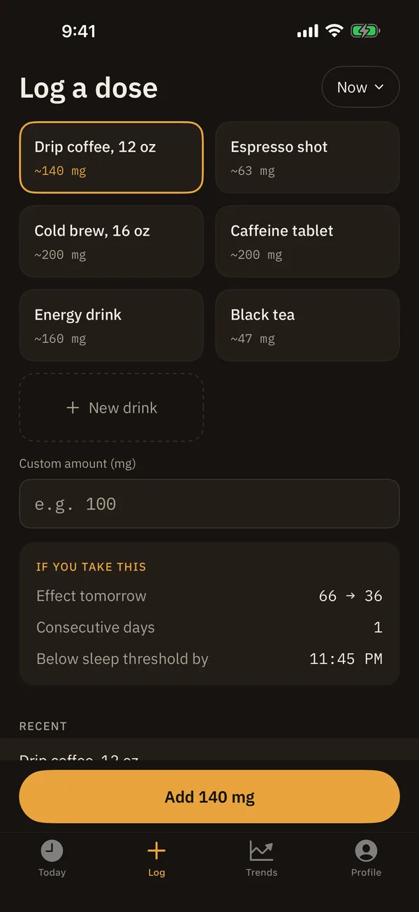 Headroom's Log a dose screen: presets for drip coffee, espresso, cold brew, a caffeine tablet, an energy drink and black tea, with an Add 140 mg button.